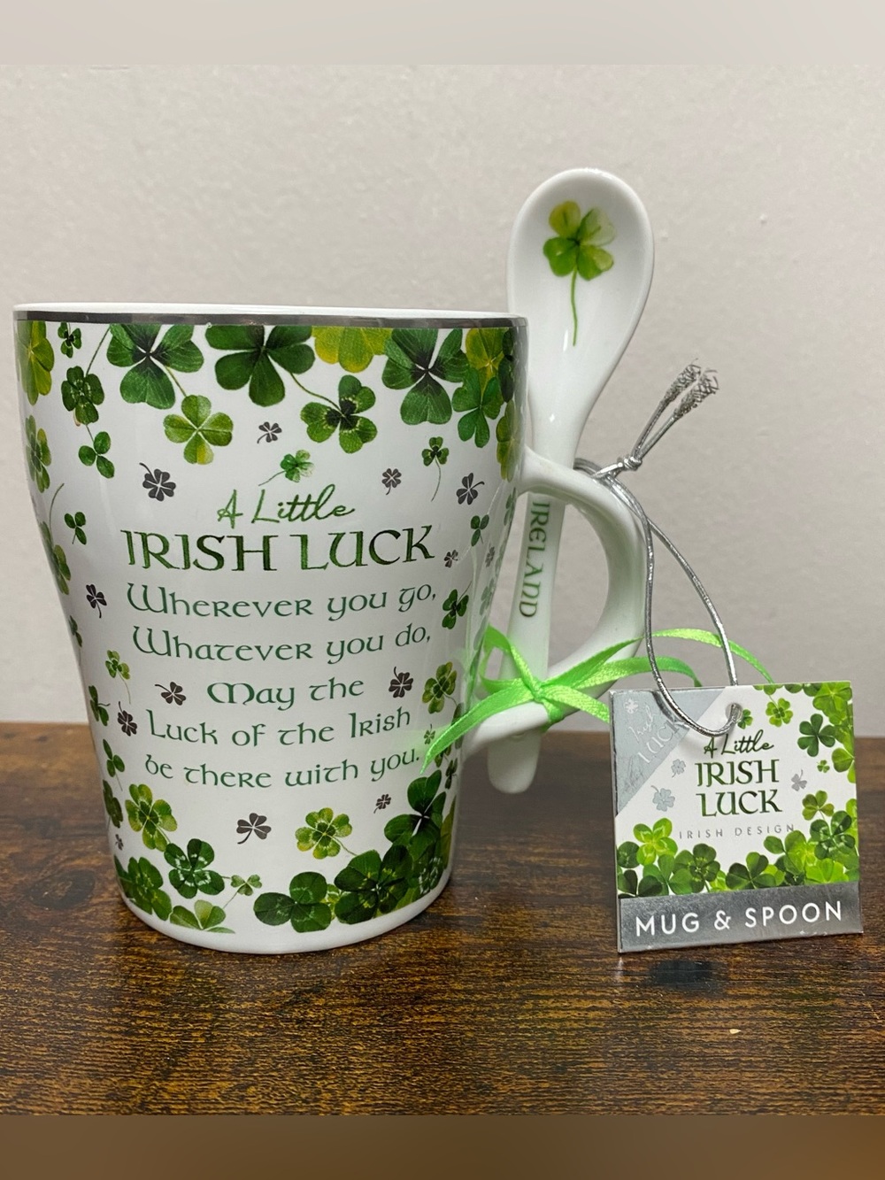 Irish Luck Clover Mug with Spoon - Green and White